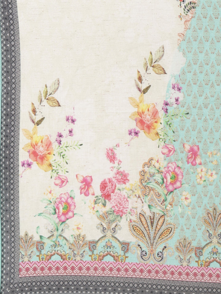 Neerus Off White Printed Straight Kurta and Trousers With Dupatta