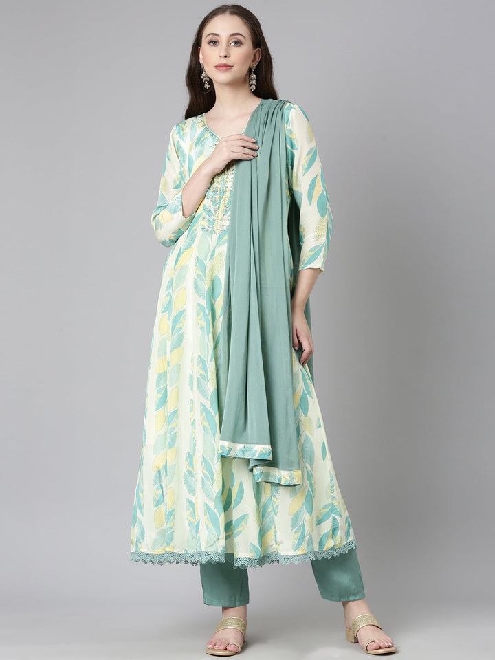 Neerus Sea Green Printed Straight Kurta and Trousers With Dupatta