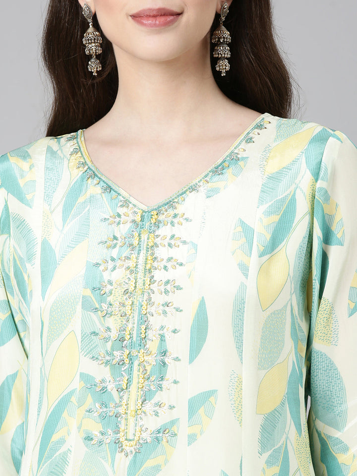 Neerus Sea Green Printed Straight Kurta and Trousers With Dupatta
