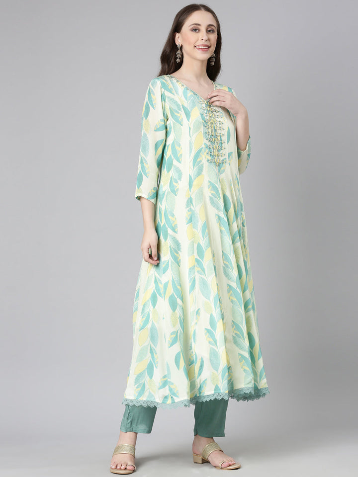 Neerus Sea Green Printed Straight Kurta and Trousers With Dupatta