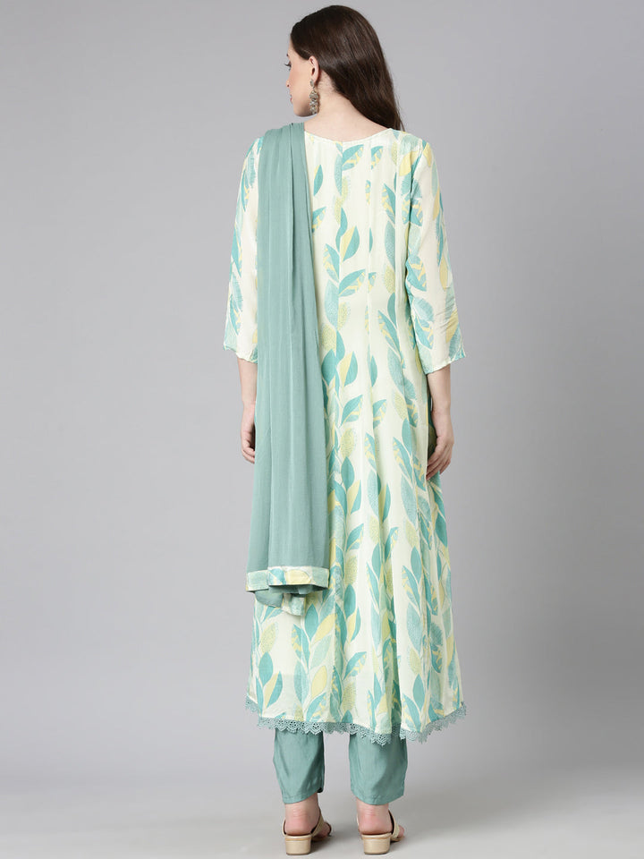 Neerus Sea Green Printed Straight Kurta and Trousers With Dupatta