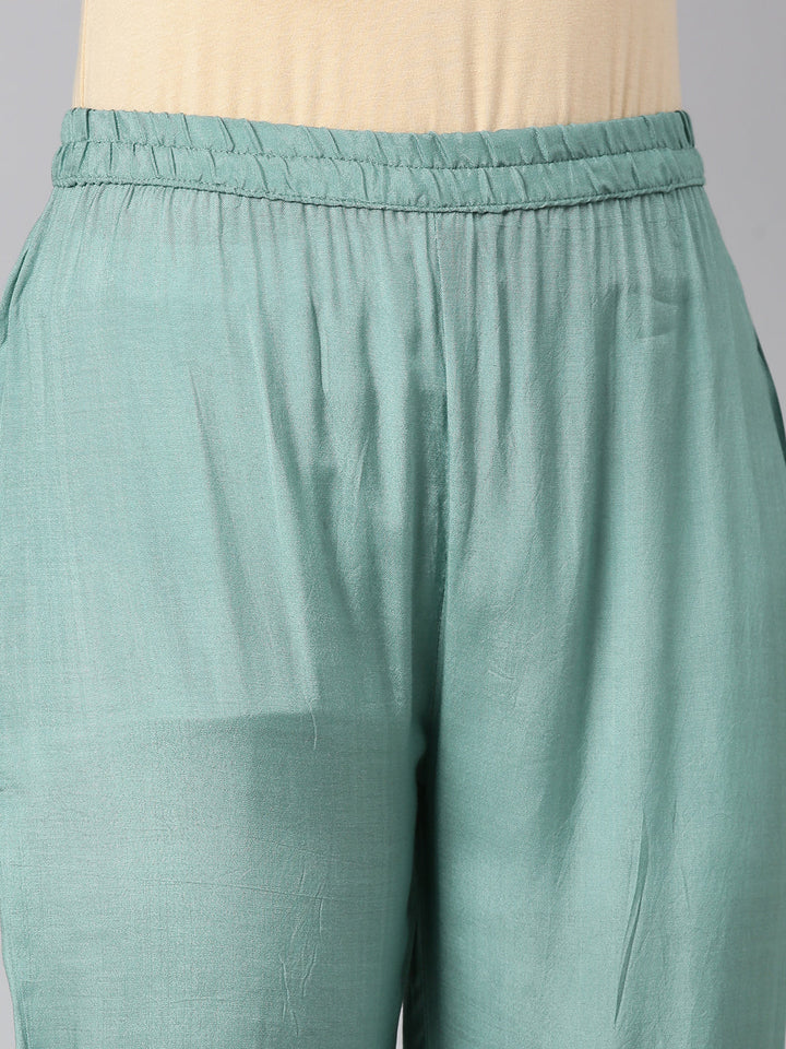 Neerus Sea Green Printed Straight Kurta and Trousers With Dupatta