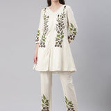 Neerus Cream Casual Embroidered Kurti with Trousers