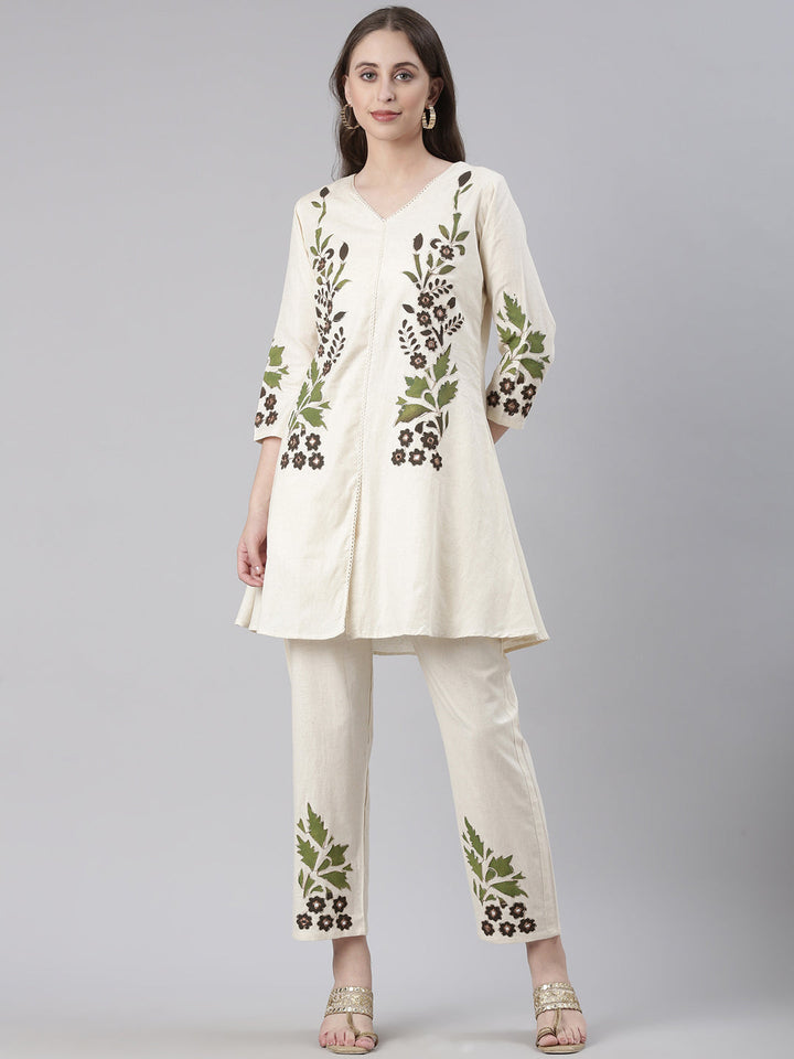 Neerus Cream Casual Embroidered Kurti with Trousers