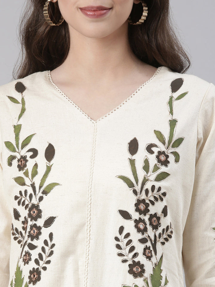 Neerus Cream Casual Embroidered Kurti with Trousers