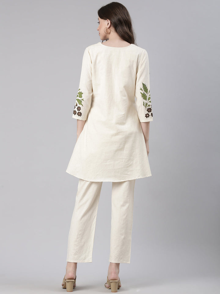 Neerus Cream Casual Embroidered Kurti with Trousers