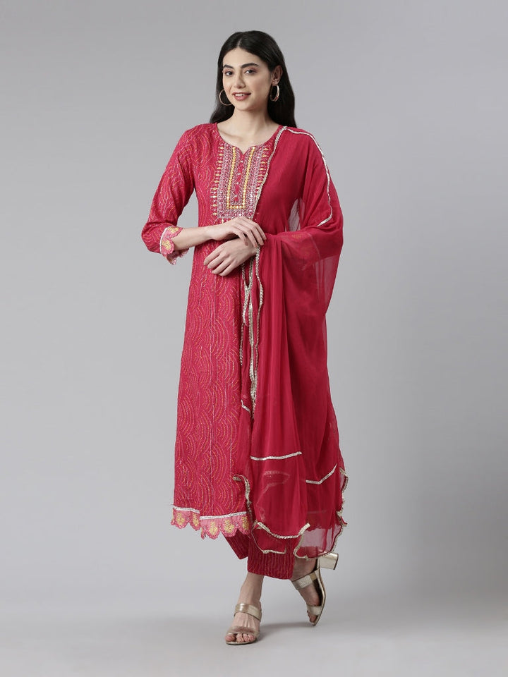 Neerus Multi printed mirror work pleated suit set - front view