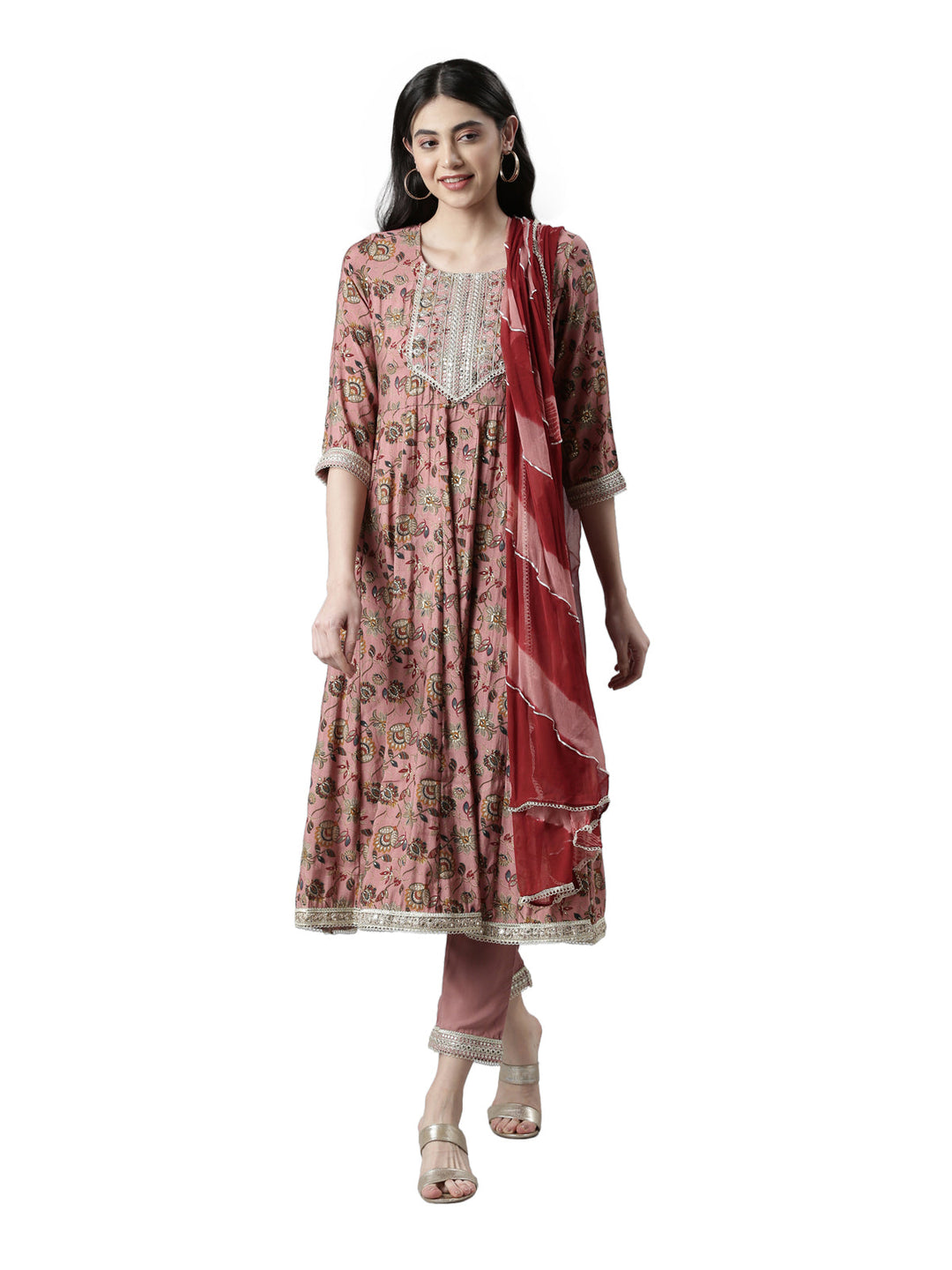 Neerus Multi floral embellished pleated suit set - front view