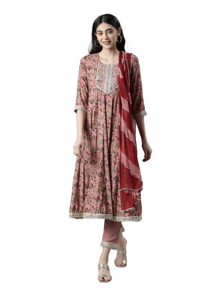 Neerus Multi floral embellished pleated suit set - front view