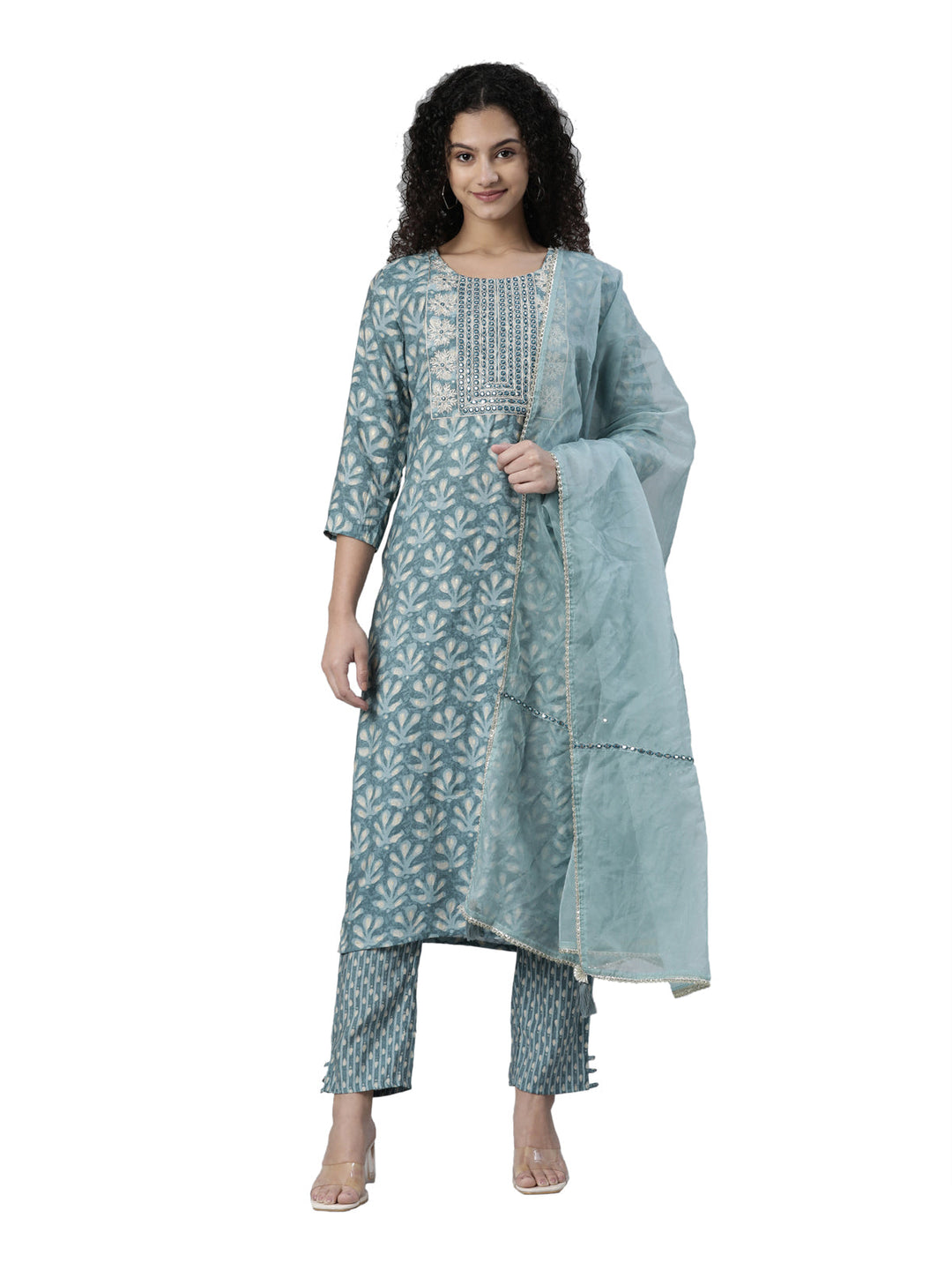 Neerus Green printed kurta set with trouser and dupatta - front view