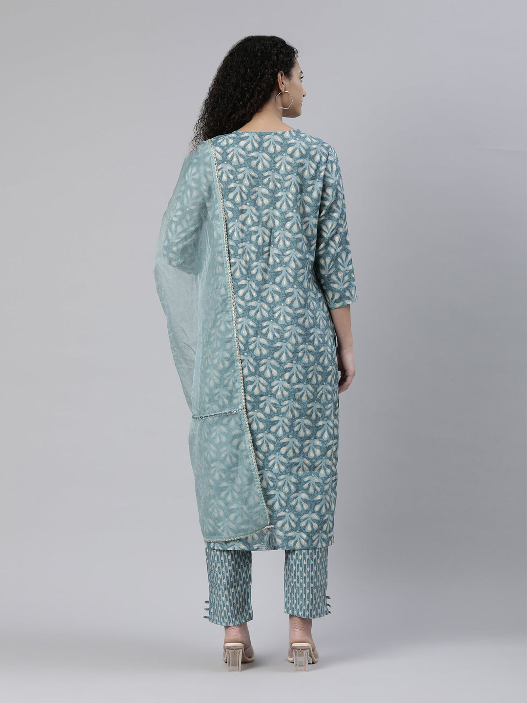 Neerus Green printed kurta set with trouser and dupatta - side view