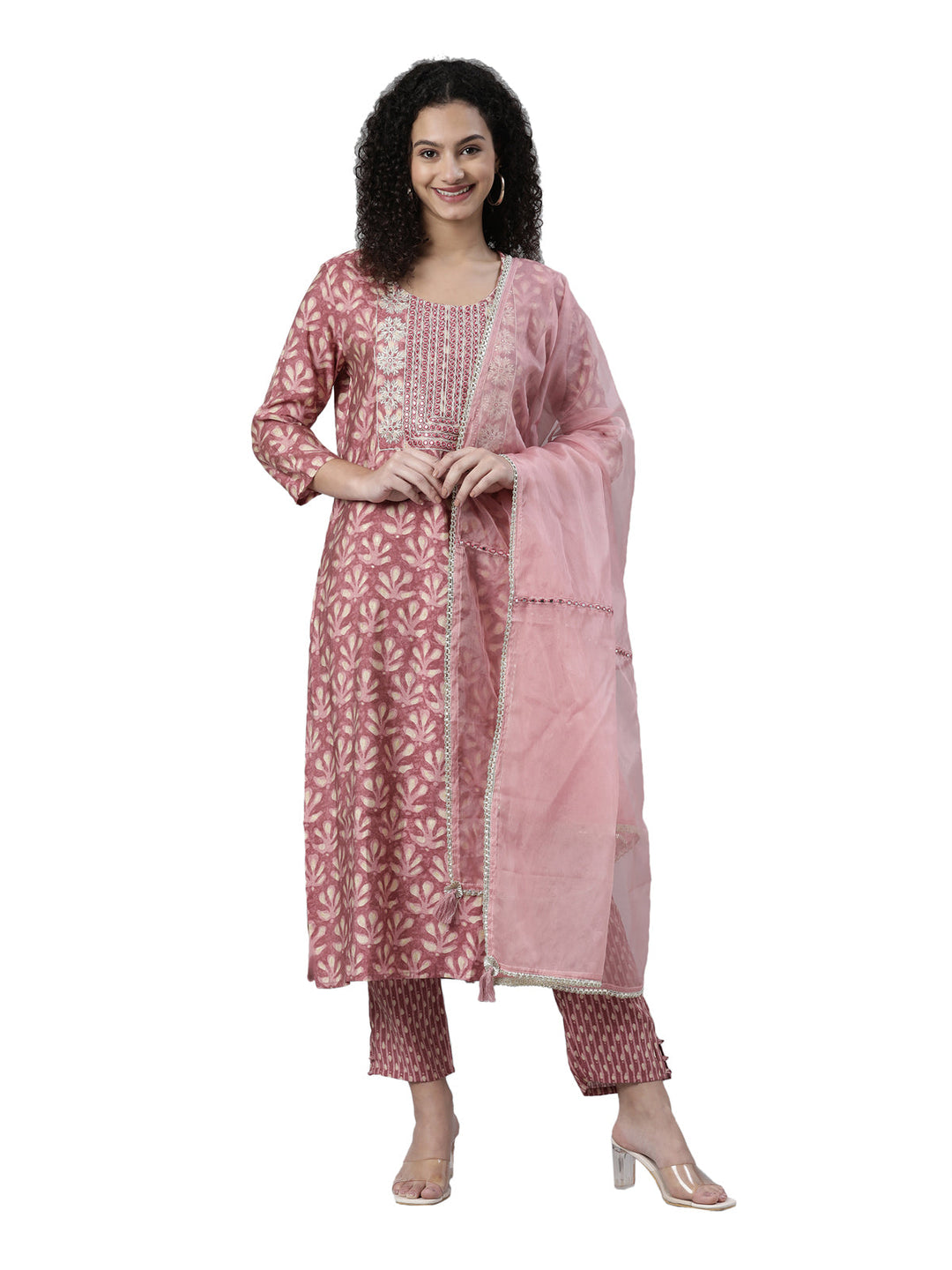 Neerus Pink printed kurta set with trousers and dupatta - front view