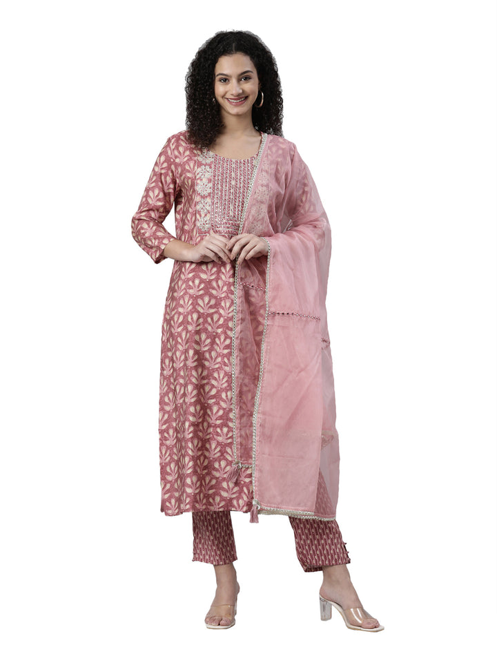 Neerus Pink printed kurta set with trousers and dupatta - front view