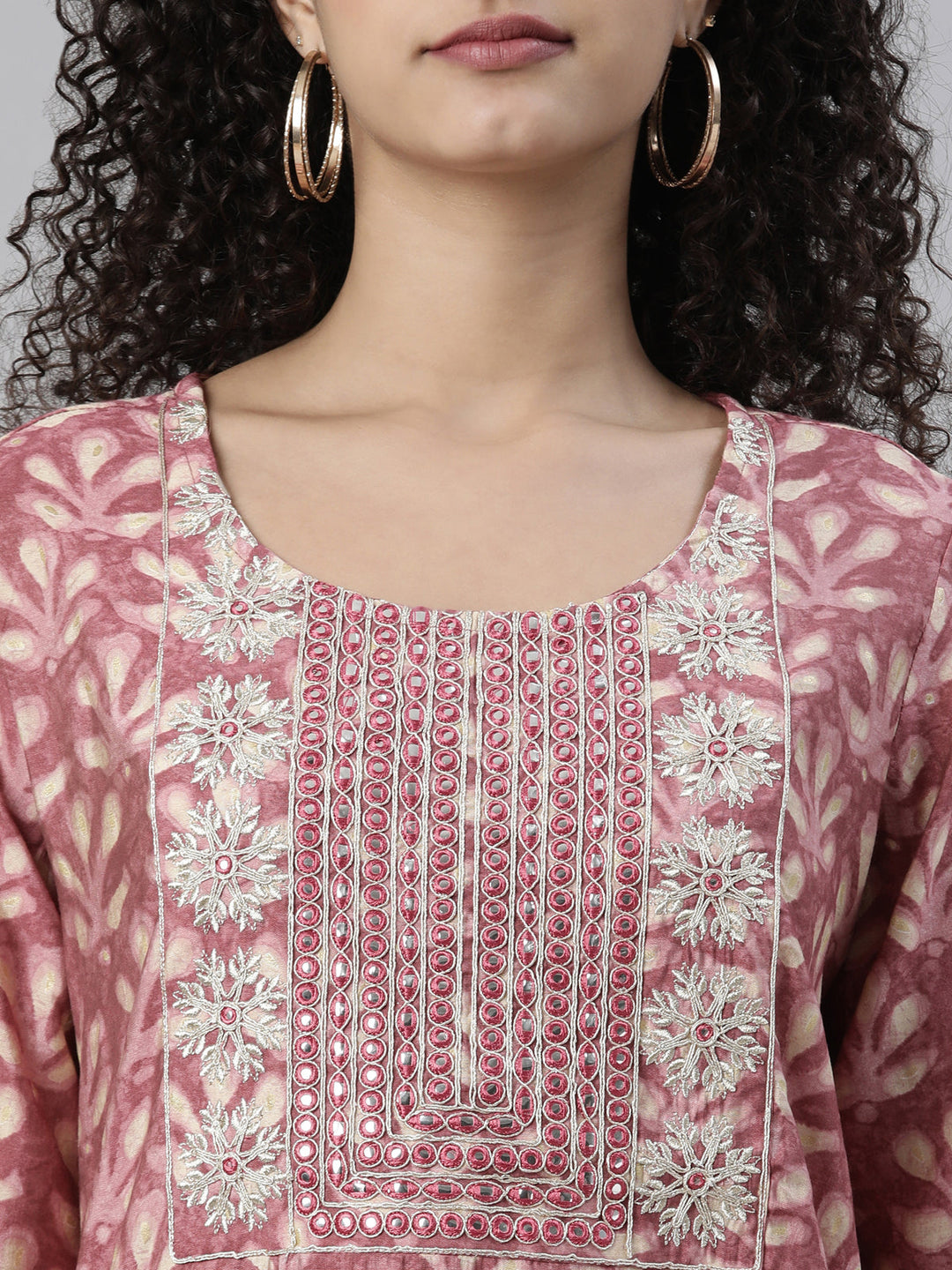 Neerus Pink printed kurta set with trousers and dupatta - detail view 1