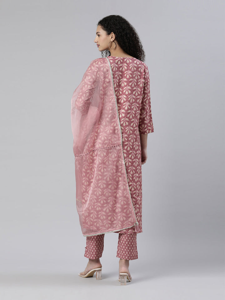 Neerus Pink printed kurta set with trousers and dupatta - side view