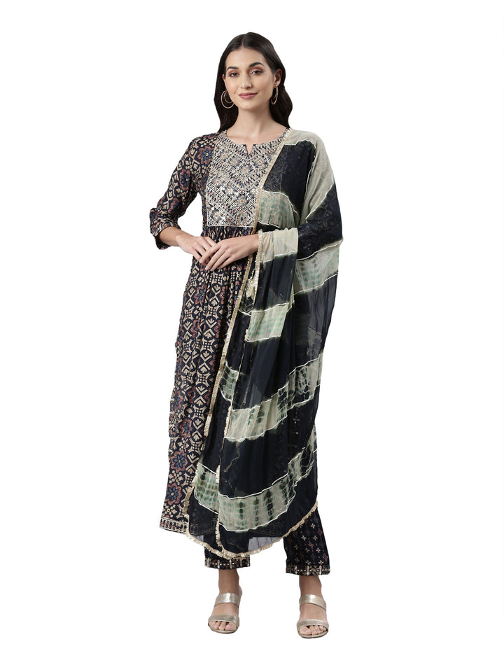 Neerus Blue Jute Cotton Printed Kurta Set - front view