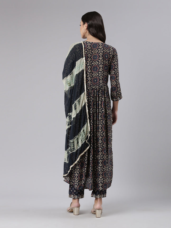 Neerus Blue Jute Cotton Printed Kurta Set - side view