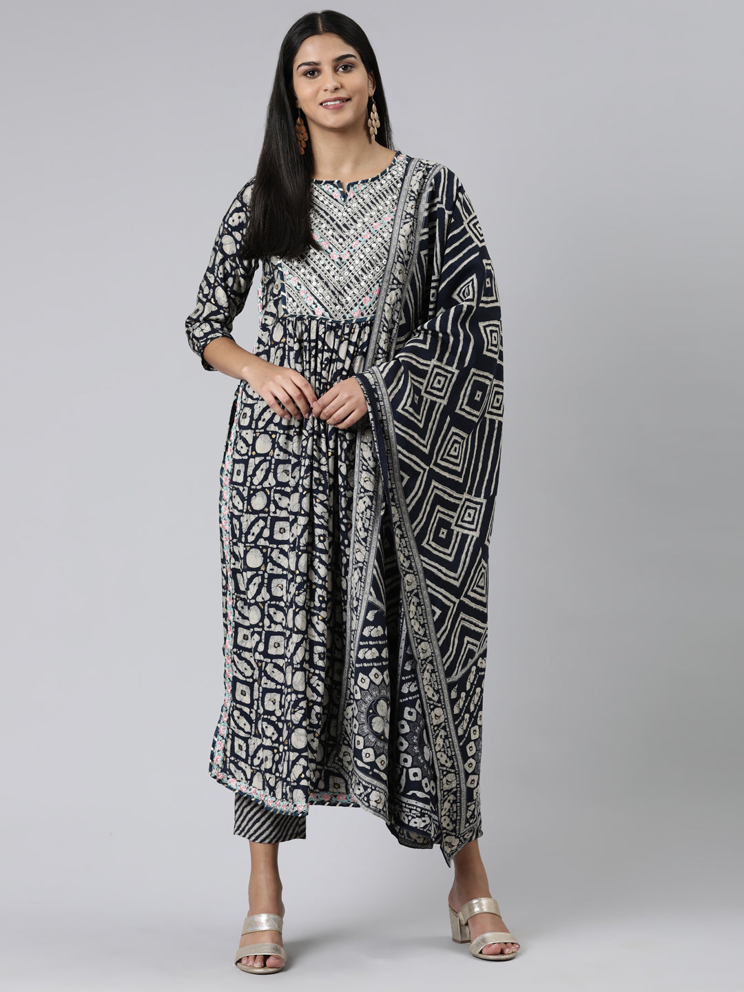 Neerus Blue Viscose Rayon Printed Kurta Set with Trouser and Dupatta - front view