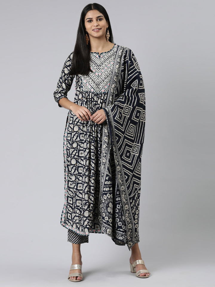 Neerus Blue Viscose Rayon Printed Kurta Set with Trouser and Dupatta - front view