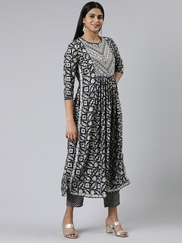 Neerus Blue Viscose Rayon Printed Kurta Set with Trouser and Dupatta - back view