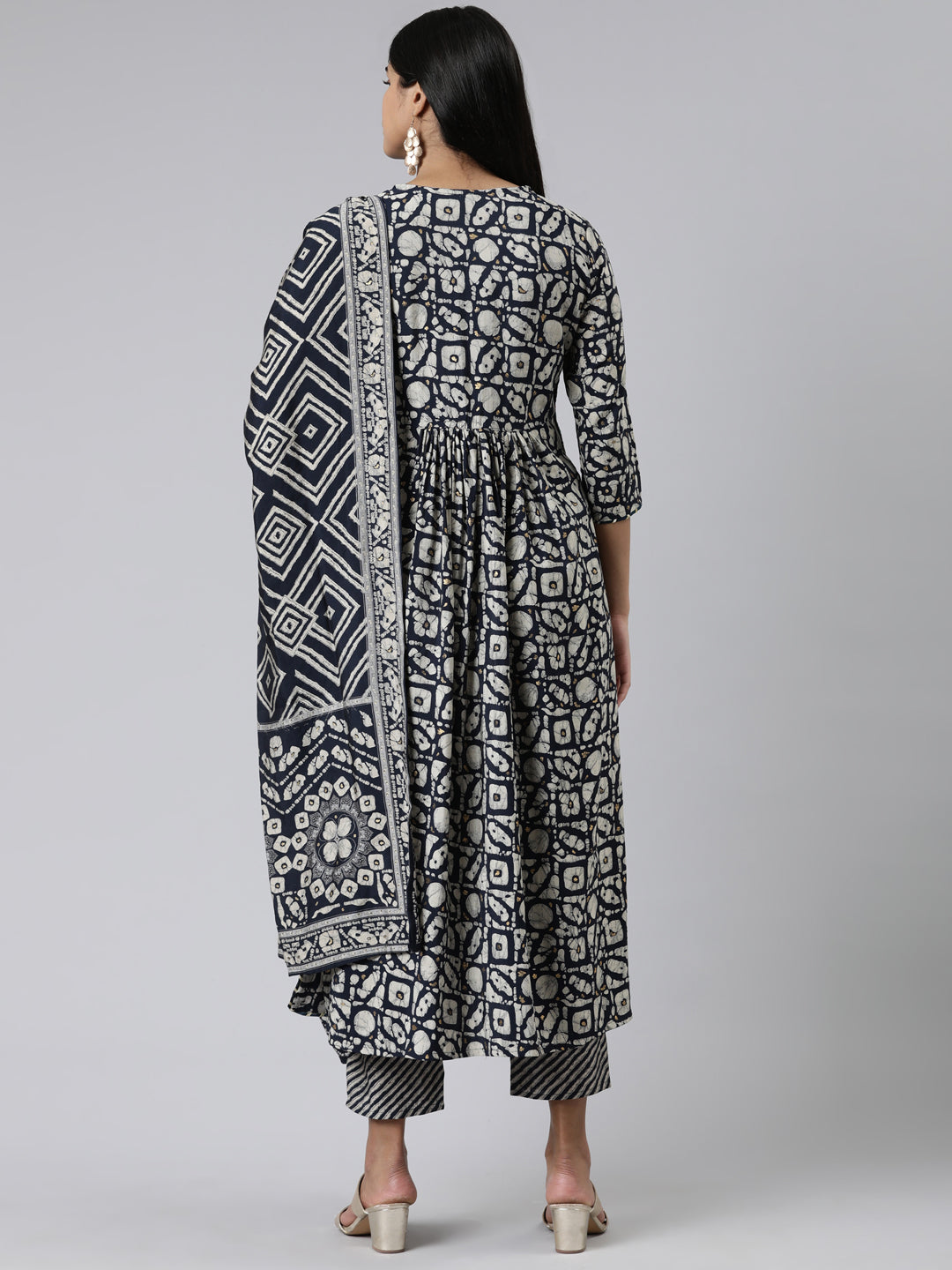 Neerus Blue Viscose Rayon Printed Kurta Set with Trouser and Dupatta - side view