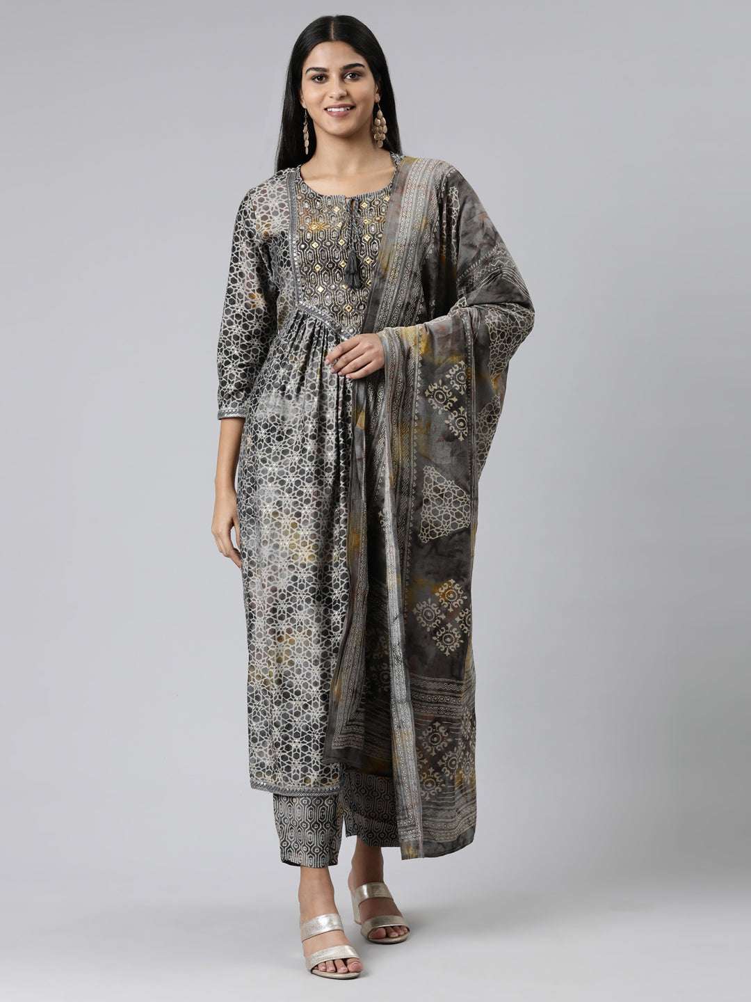 Neerus Grey viscose rayon printed anarkali kurta set - front view