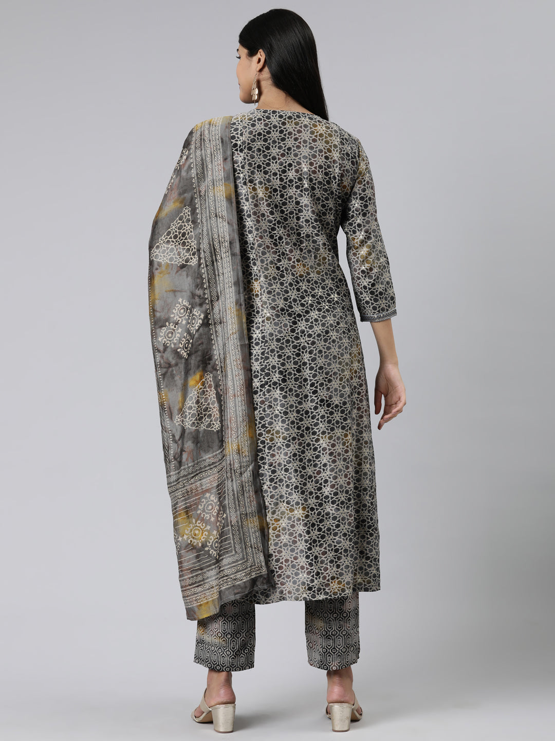 Neerus Grey viscose rayon printed anarkali kurta set - side view
