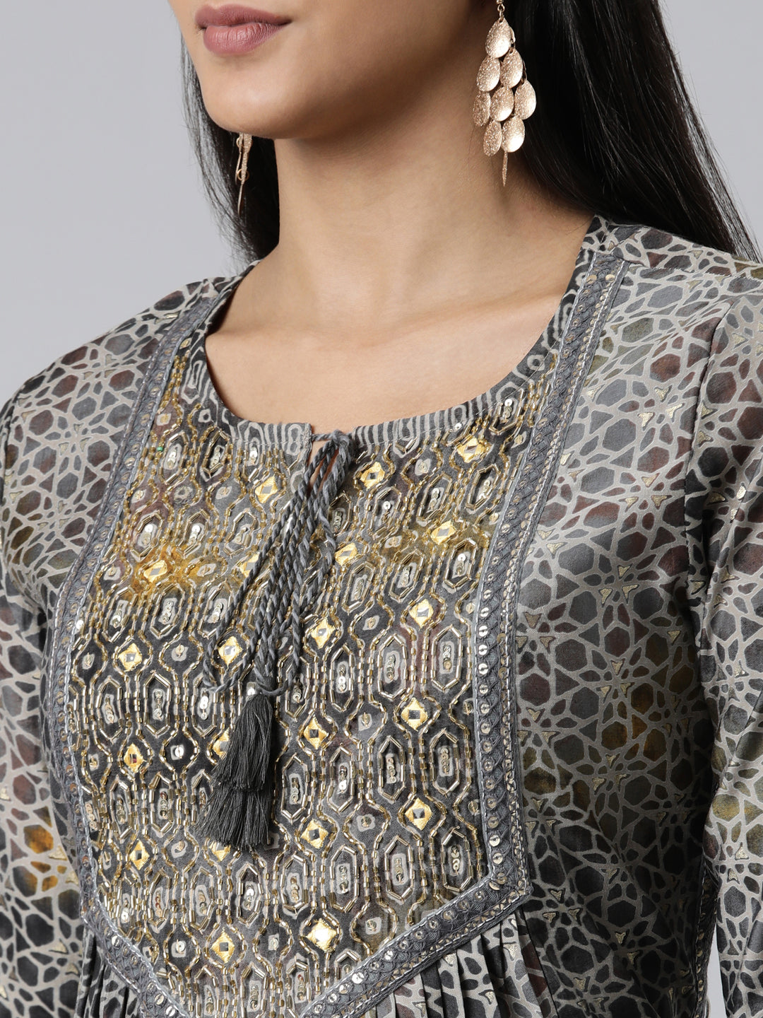 Neerus Grey viscose rayon printed anarkali kurta set - detail view 1