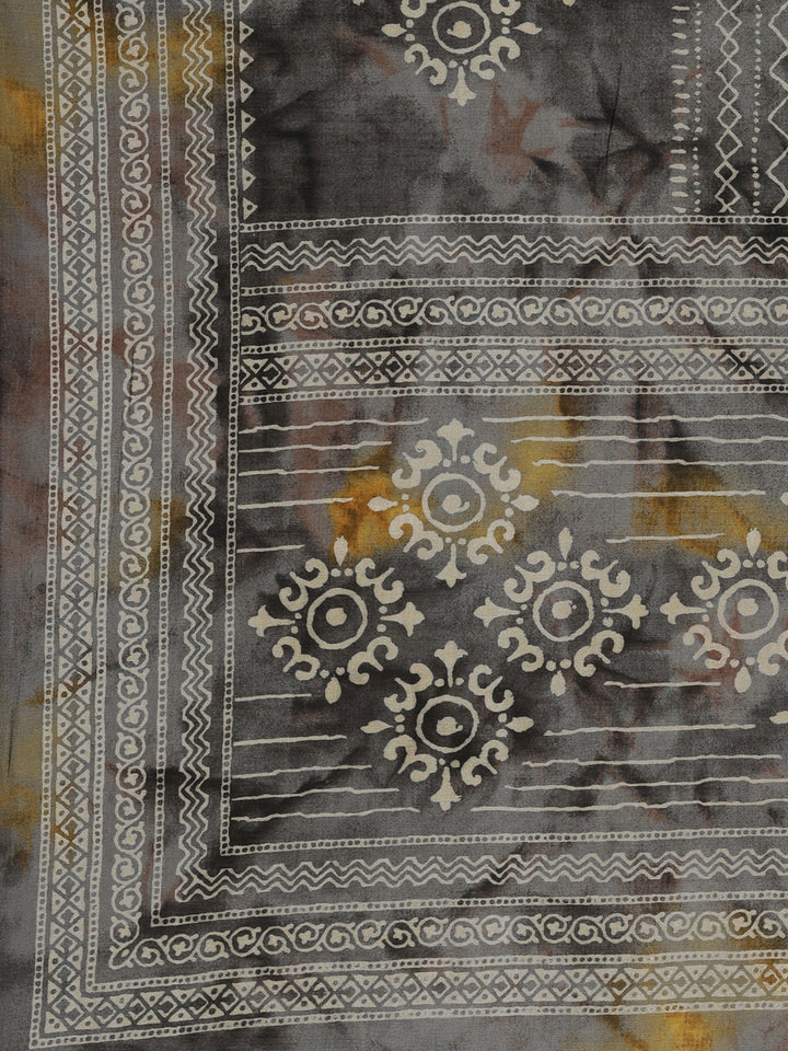 Neerus Grey viscose rayon printed anarkali kurta set - detail view 3