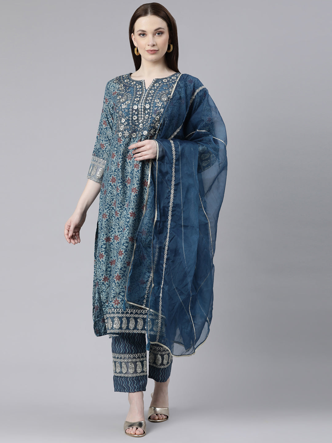 Neerus Blue Shantoon Printed Kurta Set straight silhouette - front view