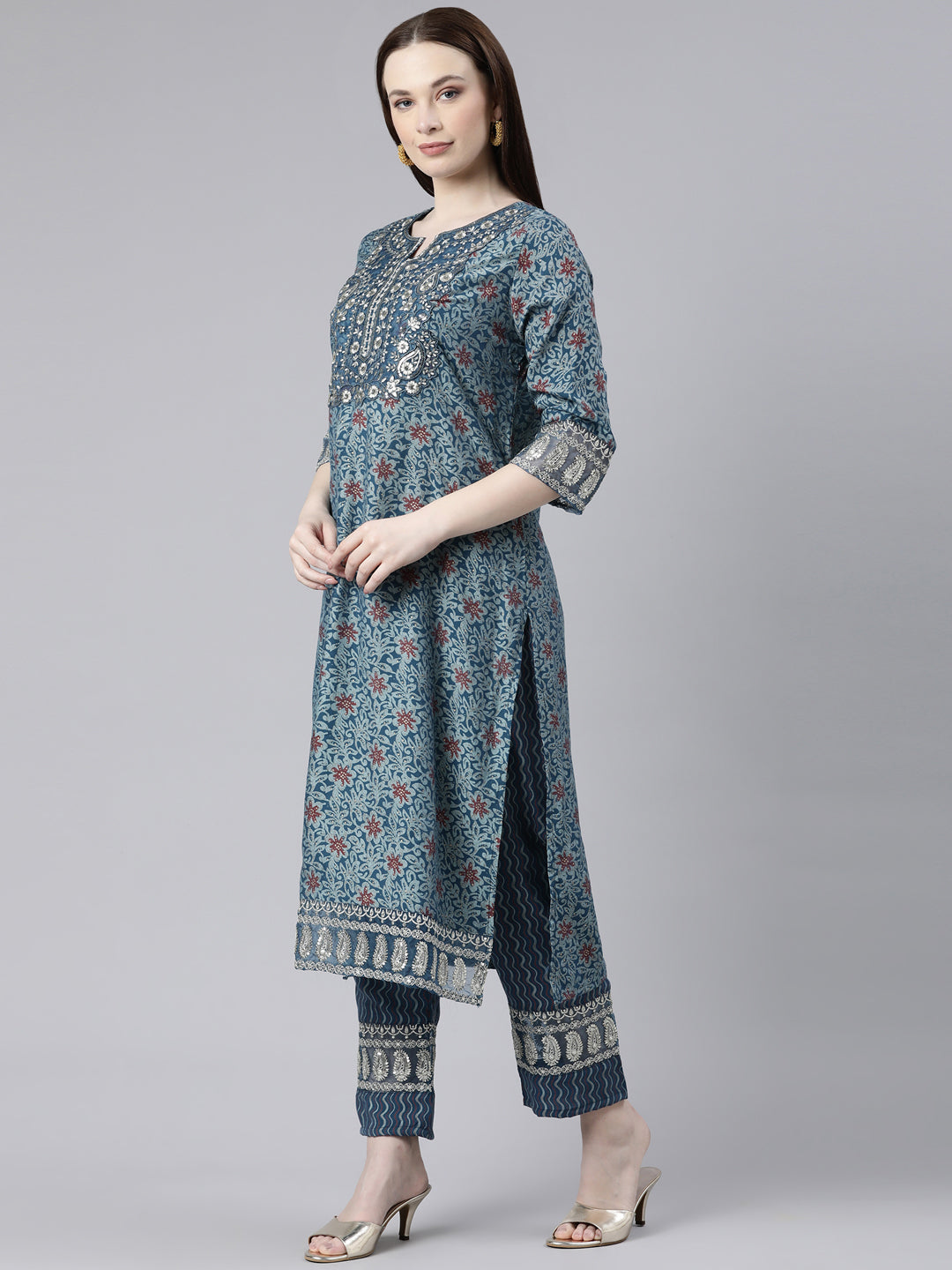 Neerus Blue Shantoon Printed Kurta Set straight silhouette - back view