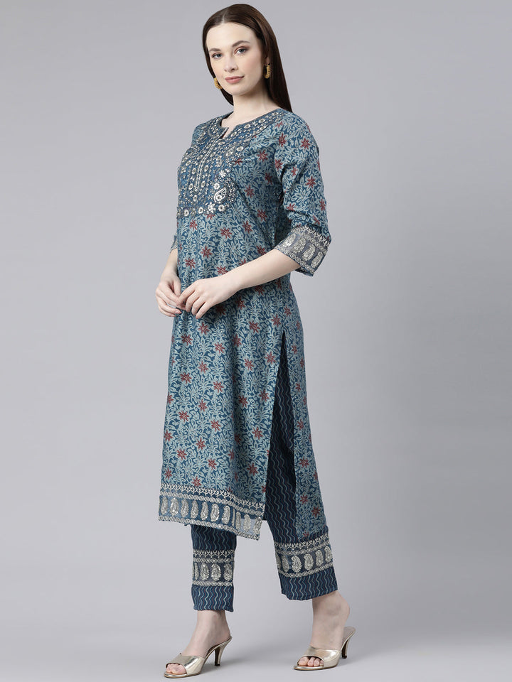 Neerus Blue Shantoon Printed Kurta Set straight silhouette - back view