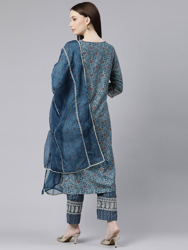 Neerus Blue Shantoon Printed Kurta Set straight silhouette - side view