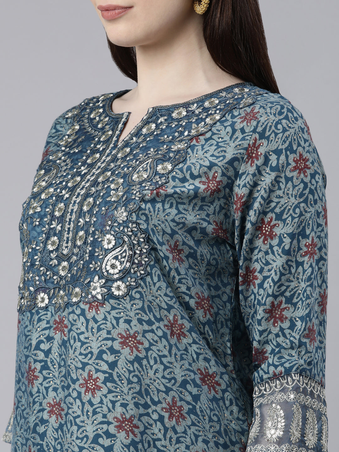 Neerus Blue Shantoon Printed Kurta Set straight silhouette - detail view 1