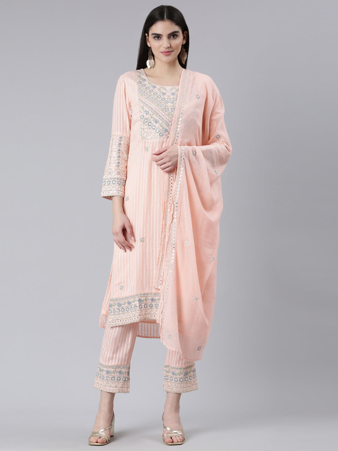 Neerus Orange cotton printed kurta set with trouser and dupatta - front view