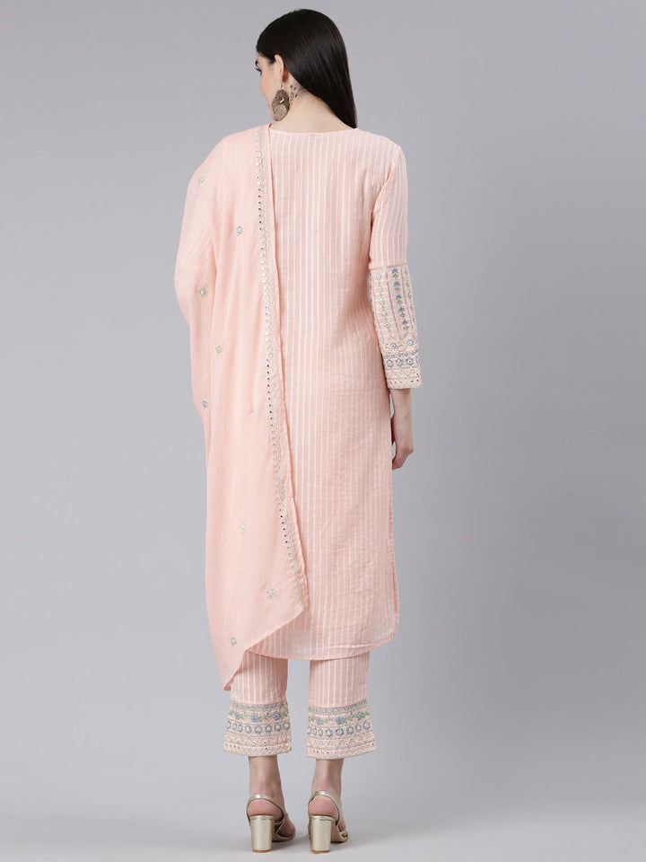 Neerus Orange cotton printed kurta set with trouser and dupatta - side view