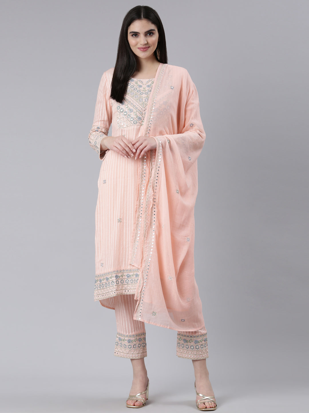 Neerus Orange cotton printed kurta set with trouser and dupatta - detail view 2