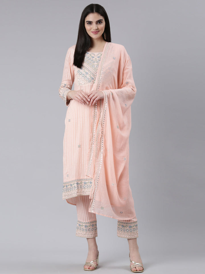 Neerus Orange cotton printed kurta set with trouser and dupatta - detail view 2