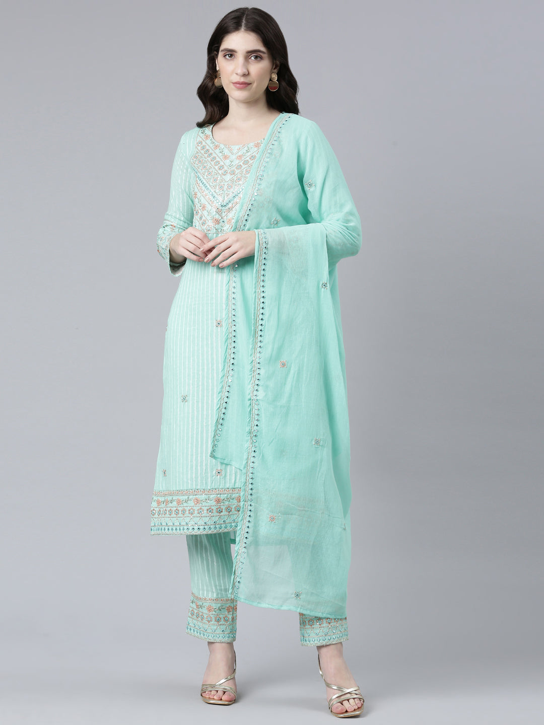 Neerus Green cotton printed kurta set with trouser and dupatta - front view