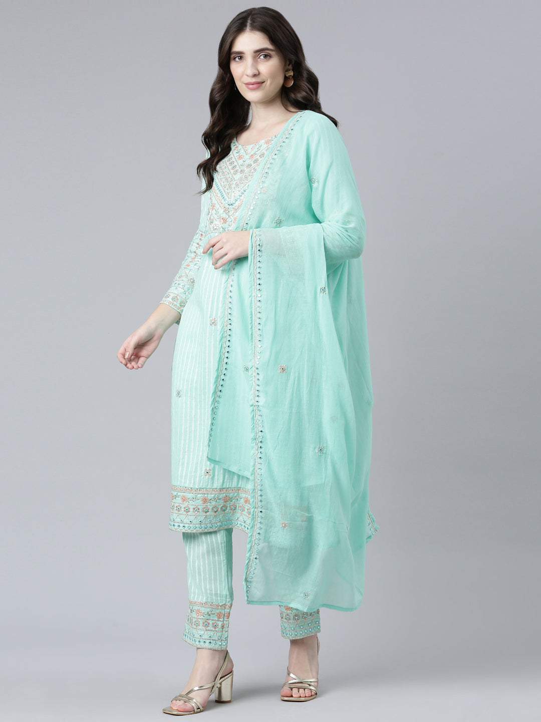 Neerus Green cotton printed kurta set with trouser and dupatta - detail view 2