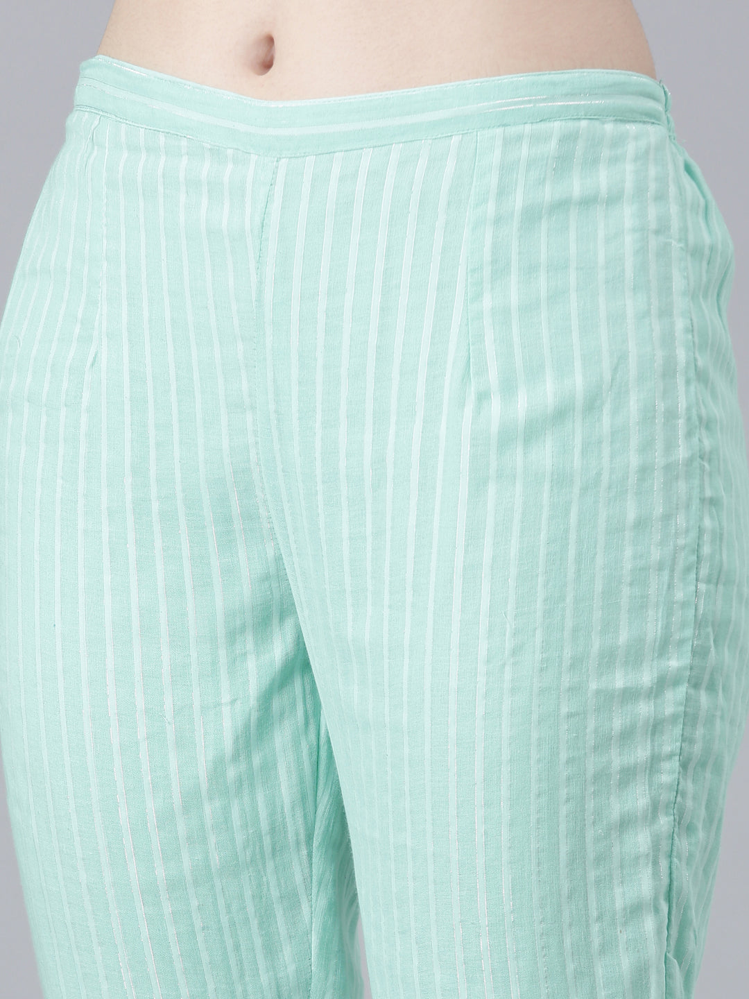 Neerus Green cotton printed kurta set with trouser and dupatta - detail view 3