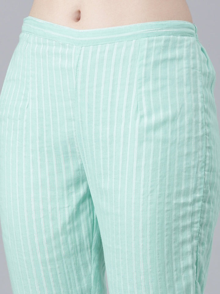 Neerus Green cotton printed kurta set with trouser and dupatta - detail view 3