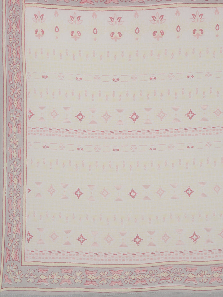 Neerus Pink cotton printed kurta set with trouser and dupatta - detail view 3