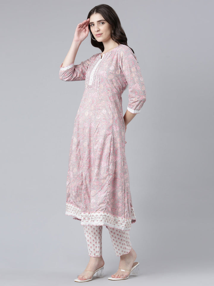 Neerus Pink cotton printed kurta set with trouser and dupatta - back view