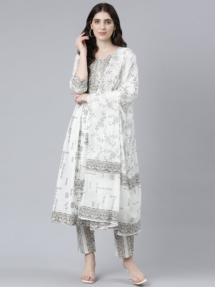 Neerus White cotton printed kurta set with trouser and dupatta - detail view 2