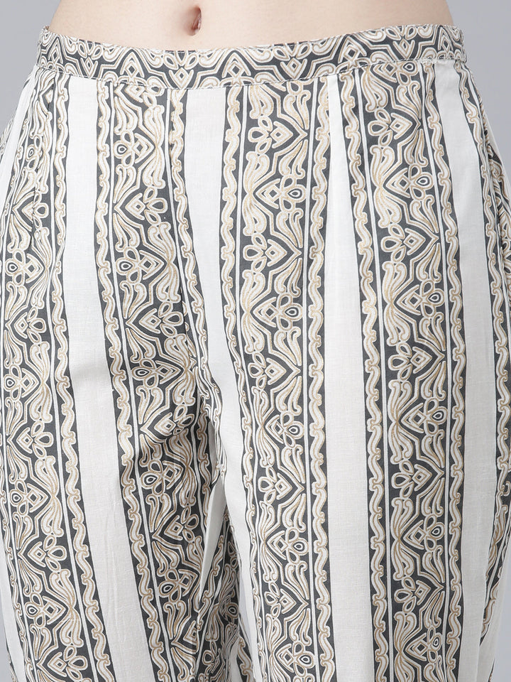 Neerus White cotton printed kurta set with trouser and dupatta - detail view 3