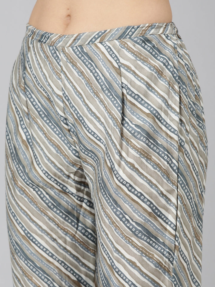 Neerus Blue printed straight kurta set with trouser and dupatta - detail view 3