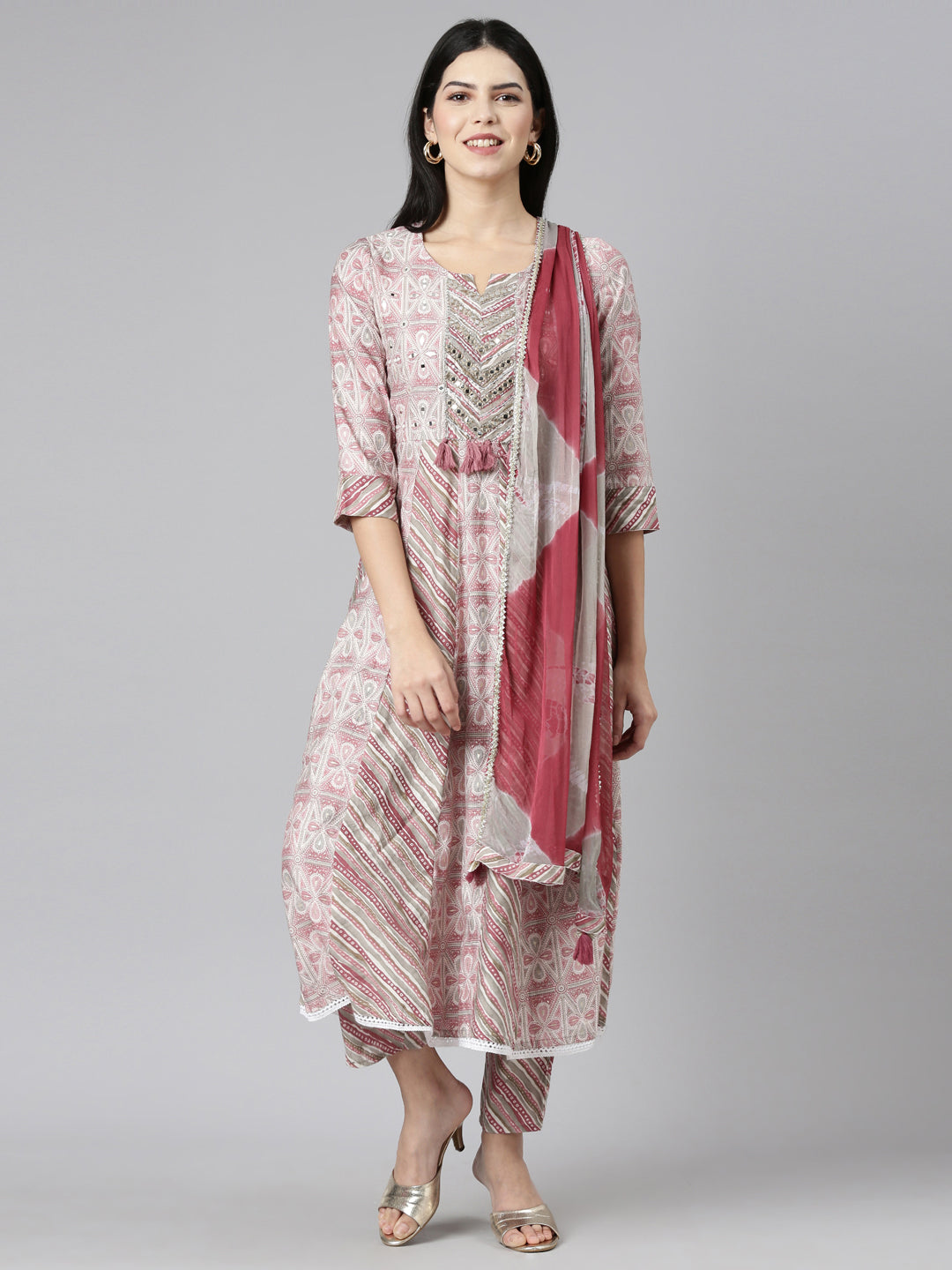 Neerus Pink printed straight kurta set with dupatta - front view