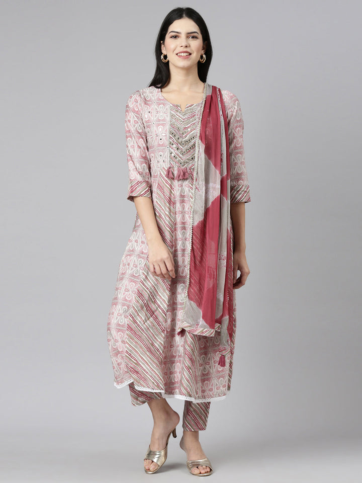 Neerus Pink printed straight kurta set with dupatta - front view