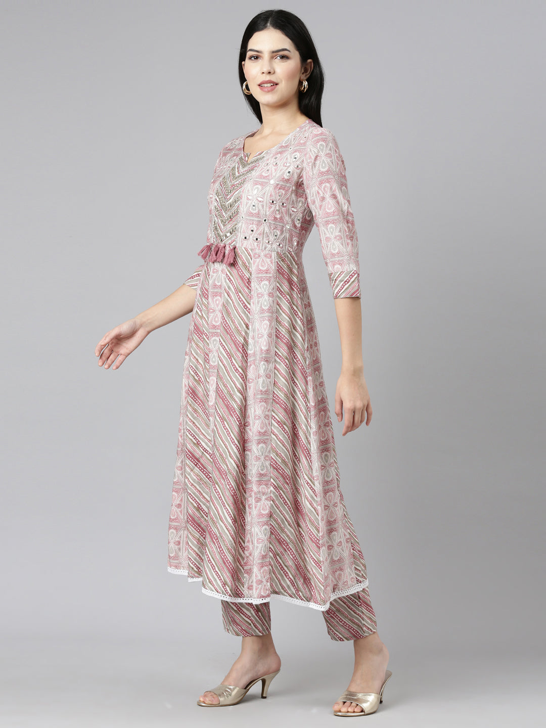Neerus Pink printed straight kurta set with dupatta - back view